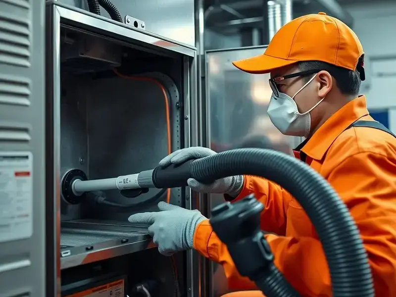 Technician cleaning furnace system